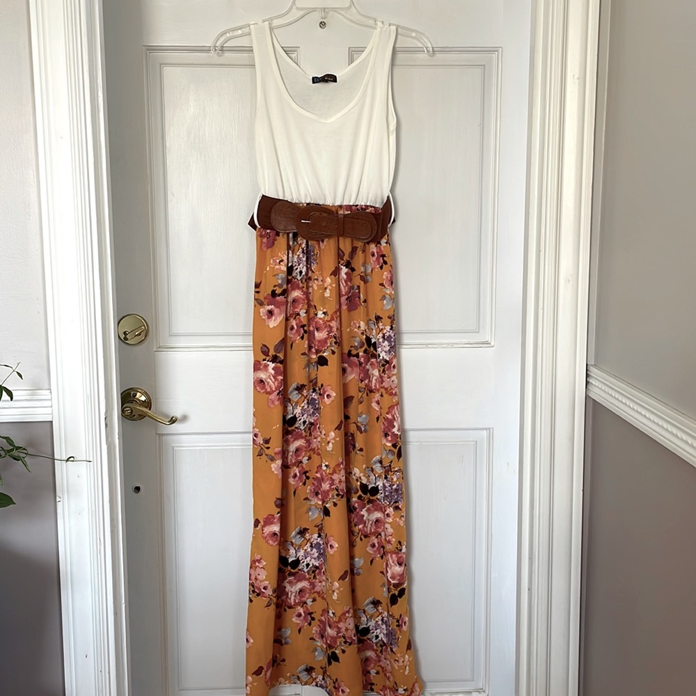 B Famous Knit Top Floral Print Maxi Dress with Belt